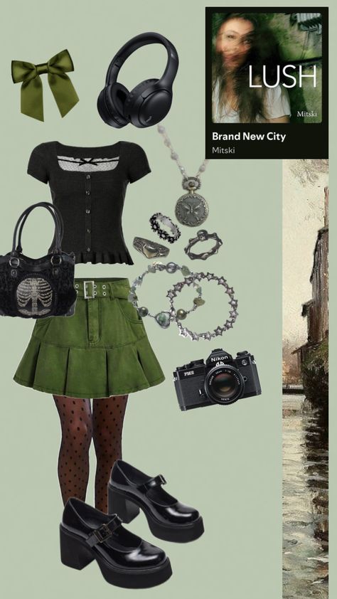 Mitski Outfit inspired by brand new city off lush #mitski #mitskishuffle #lush #album #song #music #outfit #aestehthic #green Lush Mitski, Outfit Inspired, Riot Grrrl, Victorian Clothing, Models Off Duty, Hippie Outfits, New City, French Girl, Cute Fits