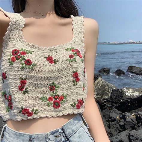 Zepto Wide Leg Jeans / Strappy Crop Top | YesStyle Crochet Top Outfit, Crochet Mignon, Confection Au Crochet, Floral Sleeveless Top, Crochet Shirt, Crochet Top Pattern, Crochet Crop Top, Crochet Blouse, Knit Crop Top