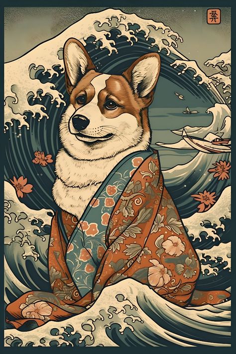 Corgi in Kimono: Traditional Japanese Ukiyoe Painting with Waves Japanese Dog, Japan Culture Art, Corgi Tattoo, Japanese Culture Art, Corgi Art, Design Japonais, Wave Poster, Dog Pop Art, Japanese Dogs