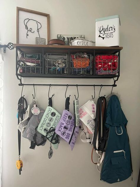 Dog Hanging Storage, Dog Organization Ideas Storage, Shelves For Dog Stuff, Dog Office Ideas, Dog Shelves Ideas, Diy Dog Storage Ideas, Dog Shelf Ideas, Dog Item Storage, Dog Home Organization