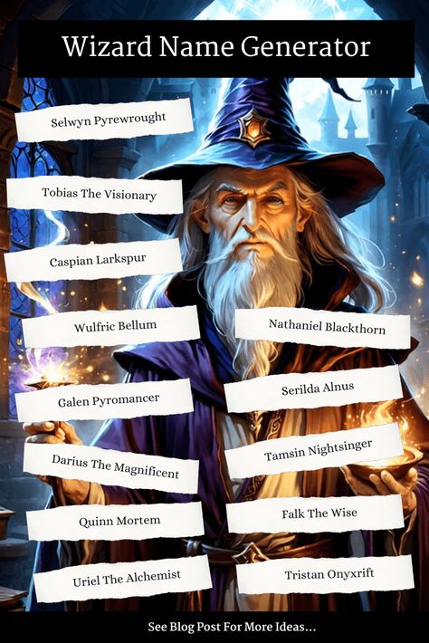 Dive into our Wizard Name Generator and discover a treasure trove of mystical wizard names waiting to be unveiled. Use Generator now. Royal Name Generator, Wizard Names, Dragon Names Generator, School Names Ideas, Book Title Generator, Mystical Wizard, Elf Name Generator, Character Name Generator, Fantasy Name Generator