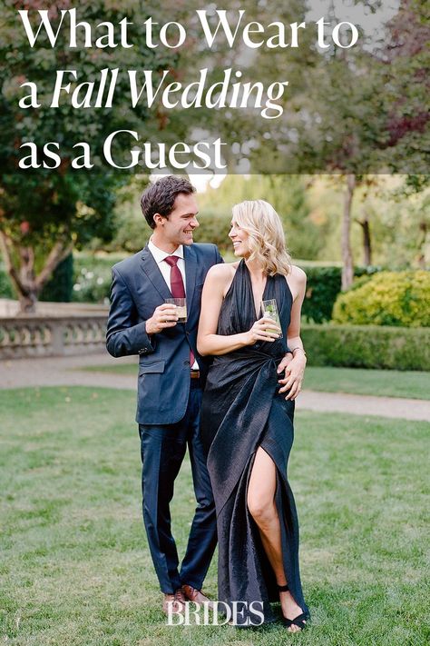 Can't figure out what to wear to a fall wedding? We put together a guide to help you choose the best colors, accessories, and styles fit for every fall wedding dress code. // Photo: Rebecca Yale Photography Fall Wedding Guest Dress With Flats, What To Wear Over Formal Dress When Cold, Outfit Idea For Wedding Guest, Fall Wedding Guest Jewelry, Matching Semi Formal Outfits For Couples, Wedding Guest Couple Outfit Fall, What To Wear To A Semi Formal Wedding, Fall Wedding Guest Outfit September, Family Wedding Outfits Guest