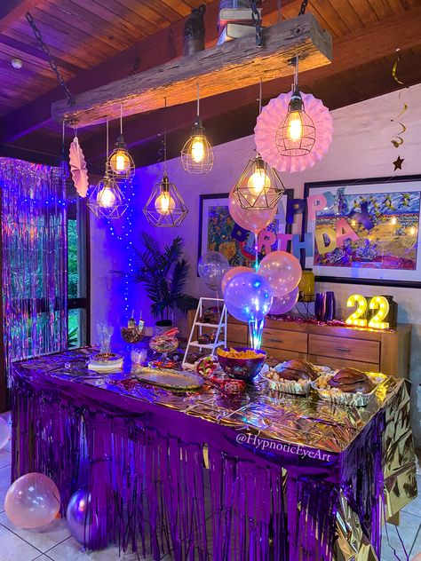 Euphoria Dinner Party, Euphoria Table Decorations, Euphoria Themed Party Food, Euphoria Food Ideas, Disco Party Food Table, Euphoria Party Food, Party Colour Palette, Euphoria Food, Purple Birthday Party Theme