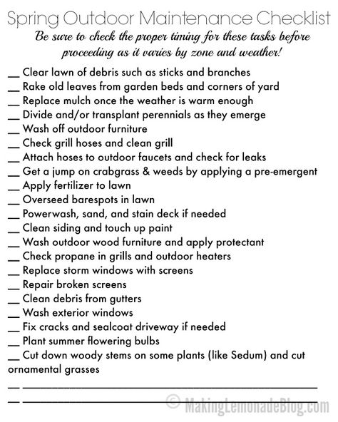 Free Printable Spring Outdoor Maintenance Checklist Organisation, Spring Cleaning Yard, Yard Cleanup, Spring Clean Up, Making Lemonade, Yard Maintenance, Home Maintenance Checklist, Maintenance Checklist, Gardening Landscaping