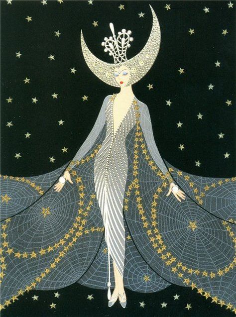 Moon Mask, Erte Art Deco, Erte Art, Art Deco Artwork, Queen Of The Night, Art Deco Illustration, Deco Poster, Art Deco Posters, Illustration Vintage