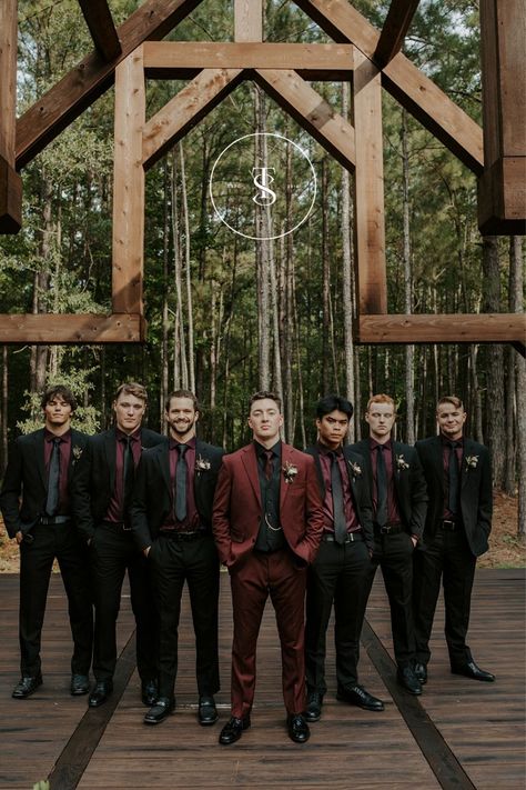 Burgundy Wedding Theme, Dark Romantic Wedding, Gothic Wedding Theme, Dark Wedding Theme, Groom's Attire, Wedding Groomsmen Attire, Burgundy Suit, Forest Theme Wedding, Red Wedding Theme