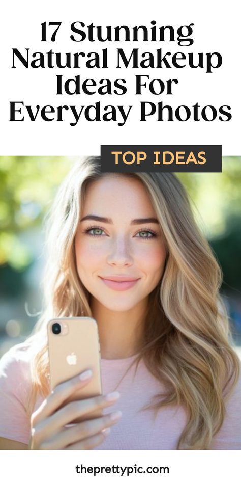 Woman holding a phone outdoors, text overlay says "17 Stunning Natural Makeup Ideas For Everyday Photos, Top Ideas". Natural Lip Shades, Natural Makeup Ideas, Everyday Photos, Natural Everyday Makeup, Fresh Makeup, Everyday Makeup Routine, Natural Eyeshadow, Lots Of Makeup, How To Apply Eyeshadow