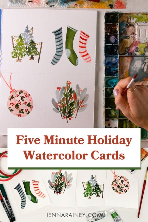 Christmas Card Designs Watercolour, Christmas Tree Watercolor Ideas, Watercolor Art For Beginners Christmas Cards, Easy Christmas Cards To Paint, Watercolour Christmas Cards Diy, Hand Painted Watercolor Christmas Cards, Christmas Watercolor Cards Easy, How To Watercolor Christmas Cards, Easy Watercolour Card Ideas