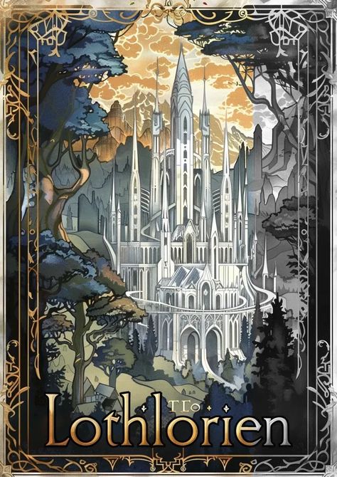 Full Color Image in ai-img-gen.com 🔸 art deco travel poster of the white city in Lothlorien from Lord Of The Rings, with text "Lothlorien... 🔸 From Midjourney AI Image Rivendell Drawing, Lothlorien Art, Lotr Landscapes, Rivendell Aesthetic, Lord Of The Rings Elves, Tolkien Aesthetic, Tolkien Collection, Lord Of The Rings Poster, Lord Of The Rings Art