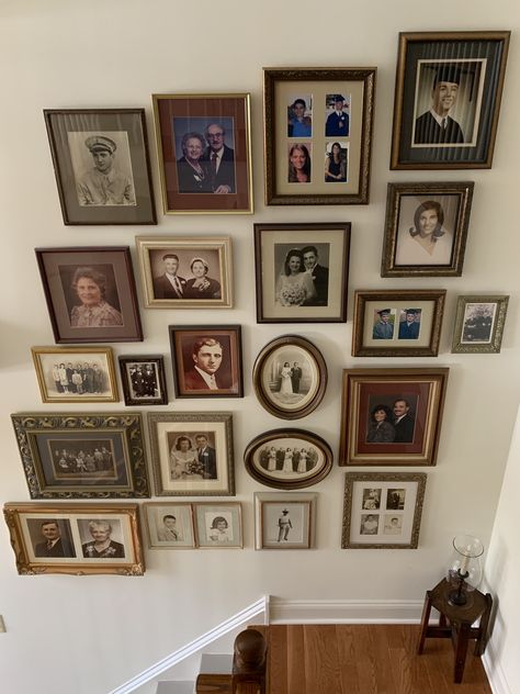 Vintage Family Photo Wall, Ancestor Wall, Ancestry Wall, Architectural Decor, Family Photo Gallery Wall, Hallway Makeover, Stairway Decorating, Picture Gallery Wall, Family Photo Wall