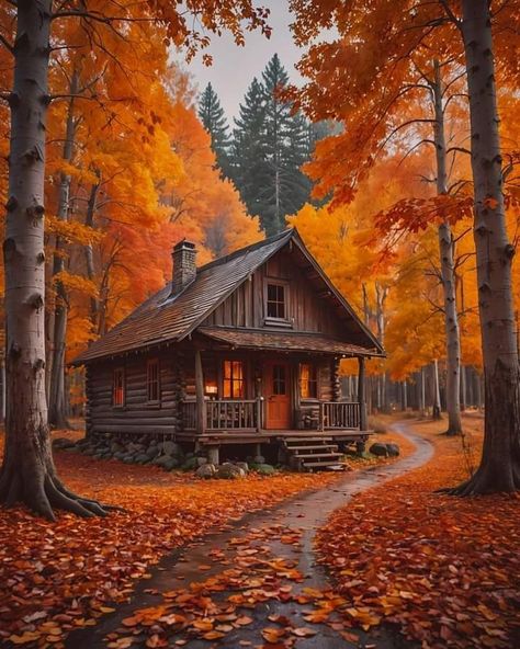 Fall Village, Fall Backgrounds Iphone, Rustic Cabins, Little Cabin In The Woods, Cabin In The Mountains, Halloween Facts, Fall Images, Beautiful Cabins, Autumn Scenes