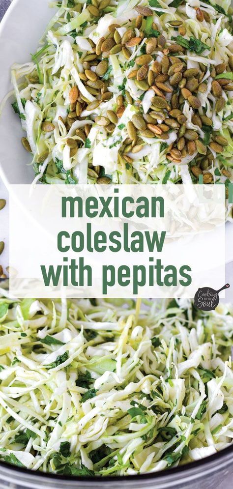 Easy and Refreshing Mexican Coleslaw! This crunchy, refreshing, and delicious Mexican-inspired slaw salad is perfect as a side dish or as taco toppings. It's got green cabbage, cilantro, cumin, pepitas, and a bright lime dressing #cookingformysoul Mexican Coleslaw, Mexican Slaw, Slaw Salad, Cilantro Salad, Veggie Side Dish Recipes, Cilantro Recipes, Taco Toppings, Mexican Salads, Healthy Mexican