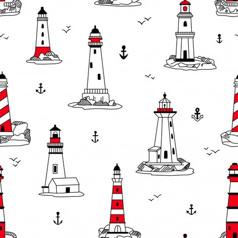 Vector lighthouses seamless pattern | Premium Vector #Freepik #vector #logo #pattern #vintage #water Nautical Background, Sailor Theme, Marine Sea, Nautical Pattern, Flat Icons Set, Geometric Textures, Body Pose Drawing, Nautical Design, Hand Drawn Pattern