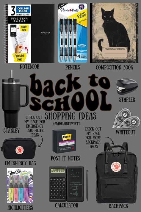 hello my pretties! all items are linked under shop the look <3  black back to school essentials + back to school + college + highschool + middle school + school bag + school + school essentials + back to school 2024 + class of 2025 + black cat + alt + witchy + trending on tiktok + trending + tik tok + viral + what i should pack + first day + what to bring on your first day of middle school + what to bring on your first day of high school Back To School Items Highschool, Blue Back To School Supplies, First Day Of School Bag Essentials, High School Back To School Supplies List, High School Bag Essentials, College Class Essentials, Back To School Essentials Middle School, Whats In My Bag School Edition, Back To School Essentials For Highschool