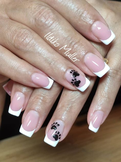 Puppy Print Nails, French Tip Nails With Paw Prints, Dog Memorial Nails, Paw Print Nails Dog, Nails Paw Prints, Dog Acrylic Nails, Dog Print Nails, Dog Inspired Nails, Dog Themed Nails