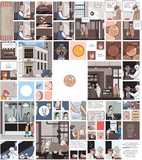 Heads or Tails - Chris Ware - comics - penny - personification blues Chris Ware, Heads Or Tails, Andrew Bird, Alternative Comics, Advertising Graphics, Bristol Board, Diagram Architecture, A Penny, Comic Page