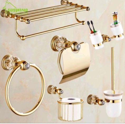 Crystal Bathroom Accessories, Gold Bathroom Set, Gold Bad, Crystal Bathroom, Brass Bathroom Accessories, Gold Bathroom Accessories, Finished Bathrooms, Bathroom Accessories Set, Cheap Bathrooms