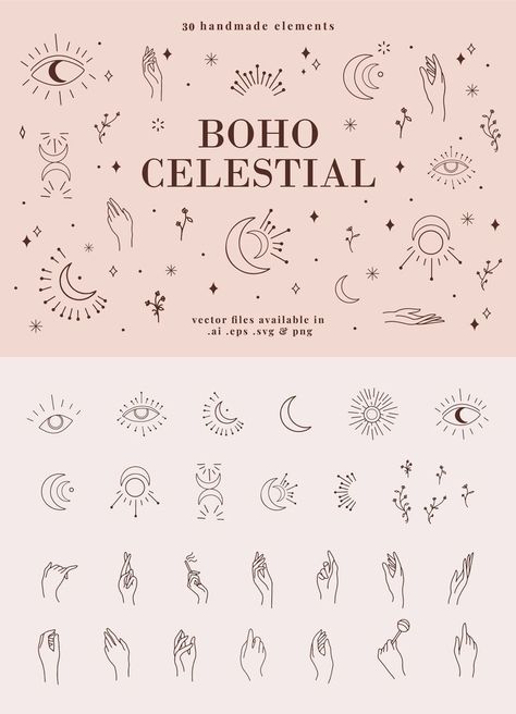 Mystic Words, Celestial Logo, Boho Graphic Design, Boho Celestial, Celestial Elements, Graphic Shapes Design, Drawing Hands, Boho Elements, Small Pretty Tattoos