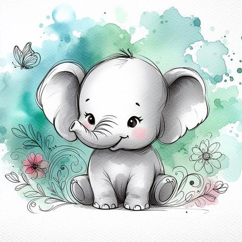 Cute Elephants Drawings, Watercolour Cute Animals, Elephant Cartoon Images, Baby Elephant Cartoon, Baby Elephants Art, Cute Elephant Cartoon, Baby Elephant Drawing, Elephant Printable, Baby Animal Drawings