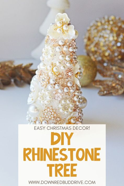 Use this tutorial to make these stunning Jeweled Christmas Trees DIY to add to your Christmas decor this year! Jeweled Christmas Tree DIY | Rhinestone Christmas Tree | Jewel Christmas Tree | Christmas Tree from Old Jewelry | Upcycled Christmas Tree | Old Jewelry Christmas Decor | Down Redbud Drive #oldjewelry #jewel #rhinestone #christmastree #upcycled Jeweled Christmas Trees Diy, Jewel Christmas Tree, Upcycled Christmas Tree, Jewelry Christmas Ornaments, Christmas Trees Diy, Jewel Christmas, Jeweled Christmas Ornaments, Trees Diy, Upcycled Christmas