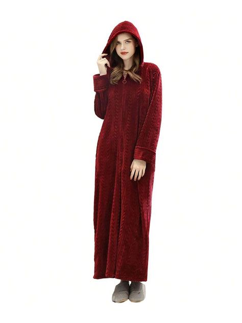 1pc Women'S Fashion Zipper Hooded Long Fleece Bathrobe, Warm And Comfortable Flannel Robe, Room Decor, Pink Christmas Decor, Winter DressI discovered amazing products on SHEIN.com, come check them out! Sleepwear Women Nightwear, Long Nightdress, Kimono Dressing Gown, Flannel Nightgown, Bathrobe Men, Couple Pajamas, Hooded Robe, Women Nightwear, Striped Sleeve