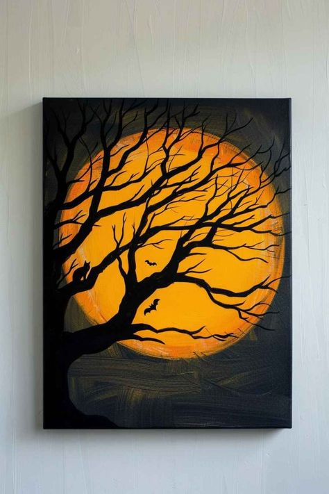 Painting On Windows, Diy Fall Paintings, Canvas Painting Easy, Painting Ideas Simple, Halloween Painting Ideas, Halloween Canvas Art, Witch Painting, Fall Canvas Painting, Creative Diy Projects