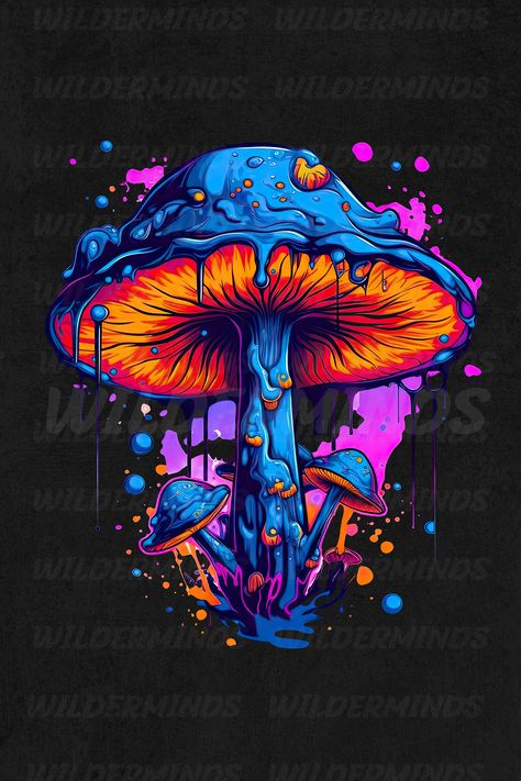 vibrant mushroom design made on a transparent background with blue and purple colors. In in a cartoonish style and a hint of graffiti style and dripping paint. Very vibrant and colorful design that can be used for printing on various products. Physcadelic Mushrooms, Mushroom Psychedelique Art, Trippy Forest Tattoo, Trippy Designs Pattern, Mushroom Tripping Art, Trippy Mushroom Drawing, Trippy Art Ideas, Trippy Graphic Design, Colorful Mushroom Art