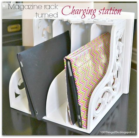 16 Charging Station Ideas to Eliminate Device Clutter Diy Docking Station, Ipad Charging Station, Ipad Storage, Diy Rangement, Diy Organizer, Organization Station, Charging Stations, File Holder, Electronic Organization