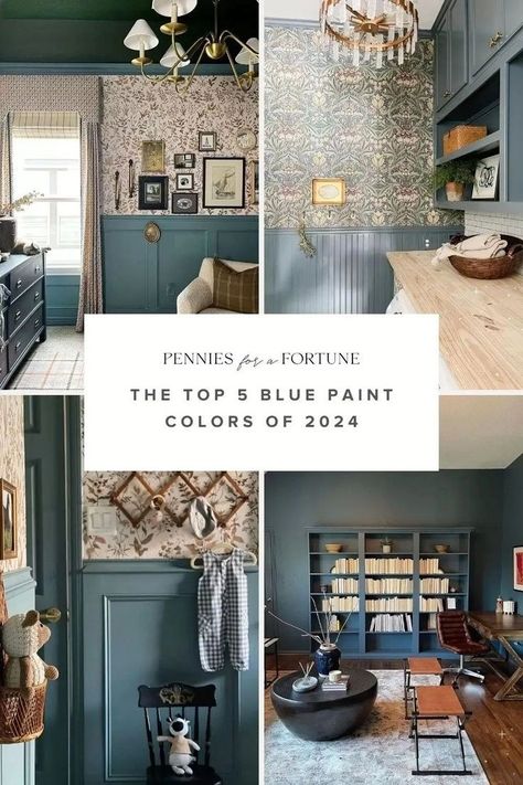 Medium Blue Living Room, Living Room Blue Paint Color Ideas, Blue Painted Paneling, Dusty Blue Wall Paint, Smokey Blue Sw, Moody Green Blue Paint, Historic Home Interior Paint Colors, Mid Tone Blue Paint, Historic Blue Paint Colors