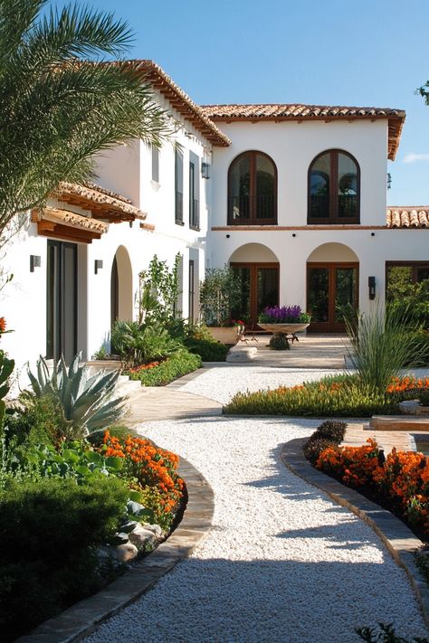 Spanish vila courtyard. View enchanting Spanish villas transform a dream home into a Mediterranean oasis with authentic architectural details and vibrant decor. Modern Spanish Home Exterior Mediterranean Design, Spanish Villa Entrance, Spanish Mediterranean Exterior, Spanish House Entrance, Spanish Villas Exterior Architecture, Spanish European Home, Spanish Style Homes Front Yard, Mediterranean Modern Homes, Spanish Revival Home Exterior