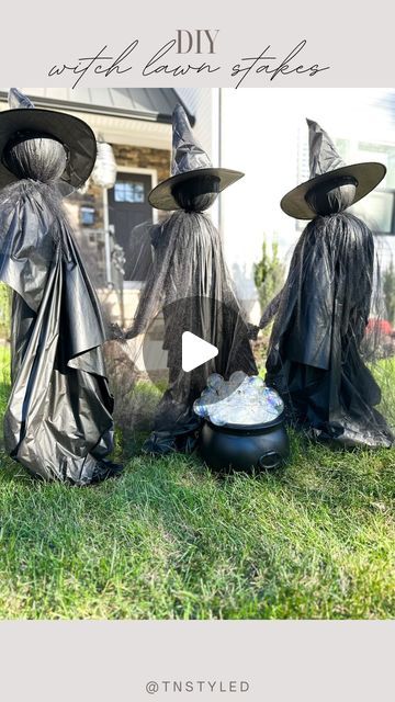 Tara Tedesco | Tnstyled on Instagram: "Comment “WITCH” and I’ll send you everything I used to make these! (Make sure you follow me to get the message otherwise it will be hidden) These are my viral witch lawn stakes that’s you guys go crazy over every year!   This is our third year with these and they have held up perfectly outside in the rain + in storage. I also love the size of these- they aren’t small like many of the ones you see being sold. You can also add a cauldron + other fun props here!   #halloween #halloweendiy #falldiy #falldecor #halloweendecor affordable Halloween DIY, diy, crafts, home, fall" Outdoor Witch Decor, Witch Decorations Diy, Yard Witch, Outdoor Witch, Diy Halloween Witch, Outdoor Ghosts, Diy Witch, Halloween Lawn, Diy Crafts Home