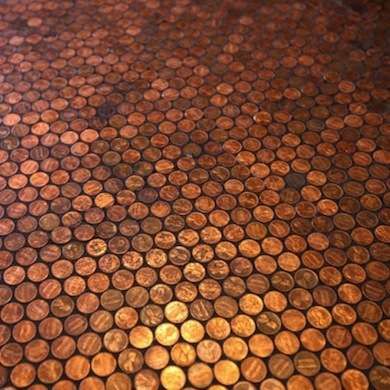 DIY Penny Floor Flooring Ideas Cheap, Penny Flooring, Steampunk Bathroom, Penny Floor, Black Grout, Alternative Flooring, Cheap Flooring, Steampunk House, Copper Mosaic