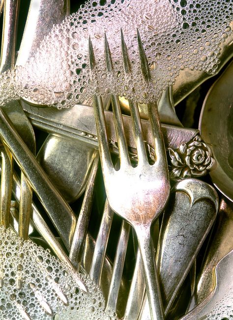 Cutlery Photography, Cleaning Silverware, Foam Bubbles, How To Clean Silverware, Painting References, Still Life Photos, Close Up Photography, Prop Styling, Photography 101