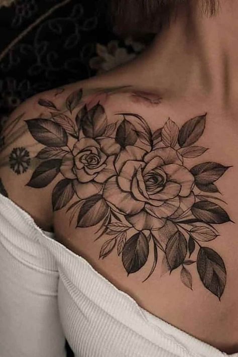 Chest Tattoo Female Upper, Chest Neck Tattoo, Rose Chest Tattoo, Front Shoulder Tattoos, Vine Tattoo, Rose Tattoos For Women, Key Tattoo, Mommy Tattoos, Flower Tattoo Shoulder