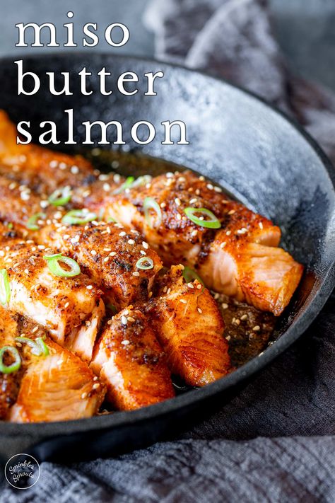 This Miso Butter Salmon is one of those recipes that feels fancy but is actually super easy to make! The fillets are pan-seared, giving them that crispy, golden crust. But the real magic happens when you add the miso butter – it melts over the salmon, creating a rich, umami-packed sauce that takes this dish to the next level. Serve this with some rice or a fresh side of greens or salad, and you've got a meal that's easy enough for a weeknight but impressive enough to serve to guests. Miso Butter Salmon, Fresh Salmon Recipes, Crispy Salmon Recipe, Miso Salmon Recipe, Salmon Fillet Recipes, Sprouts Recipes, Miso Recipe, Seared Salmon Recipes, Salmon Recipes Pan Seared