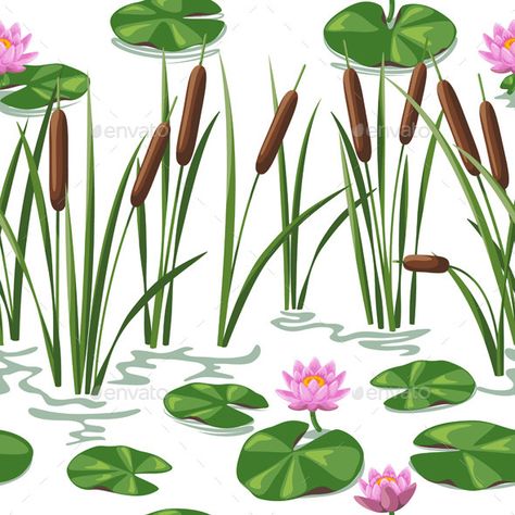 Seamless background withwetland plants. Simplified image ofreedand water lily.  Zip archive containseditable eps10 and high resolu Water Lily Illustration, Swamp Plants, Wetland Plants, Lily Illustration, Plants Background, Inkscape Tutorials, Decor Backdrop, Plants Pattern, Pond Painting