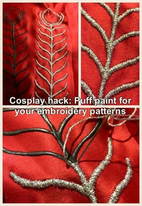 Not just for "cosplay" but this is a great way to fake embroidery. Its been pinned and posted before using an easier method of hot glue but sometimes you use what you have. Costume Tutorial, Puff Paint, Mode Crochet, Puffy Paint, Cosplay Tutorial, Cosplay Diy, Cosplay Tips, Cosplay Ideas, Embroidery Pattern