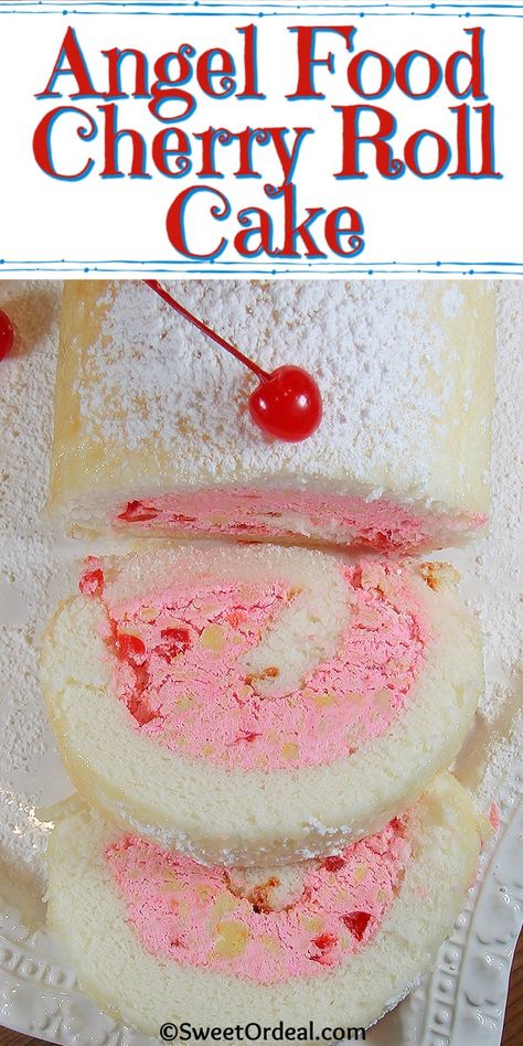 Cherry Roll Cake, Cherry Dream Cake, Angel Food Cake Roll, Cherry Angel Food Cake Dessert, Angel Food Recipes, Triple Berry Angel Food Cake Roll Recipe, Cherry Angel Food Cake, Cherry Cheesecake Rolls, Cherry Cake Roll