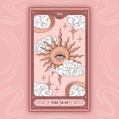 Tarot Cards Reference, Tarot Card Clouds, Cartoon Tarot Cards, Hand Drawn Tarot Cards, Pink Tarot Aesthetic, Astrology Illustration Design, Tarot Style Art, Tarot Card Illustration Design, Tarot Card Graphic Design