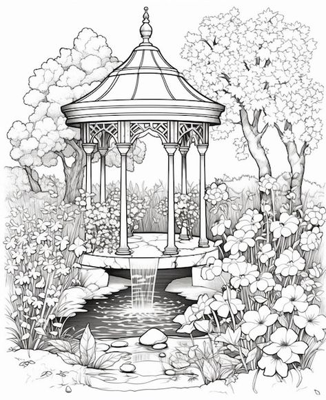 Garden With Flowers Drawing, Coloring Images For Adults, Garden Pencil Drawing, Trees And Flowers Drawing, How To Draw A Flower Garden, House With Garden Drawing, Garden Background Drawing, Garden House Drawing, Garden Flowers Drawing