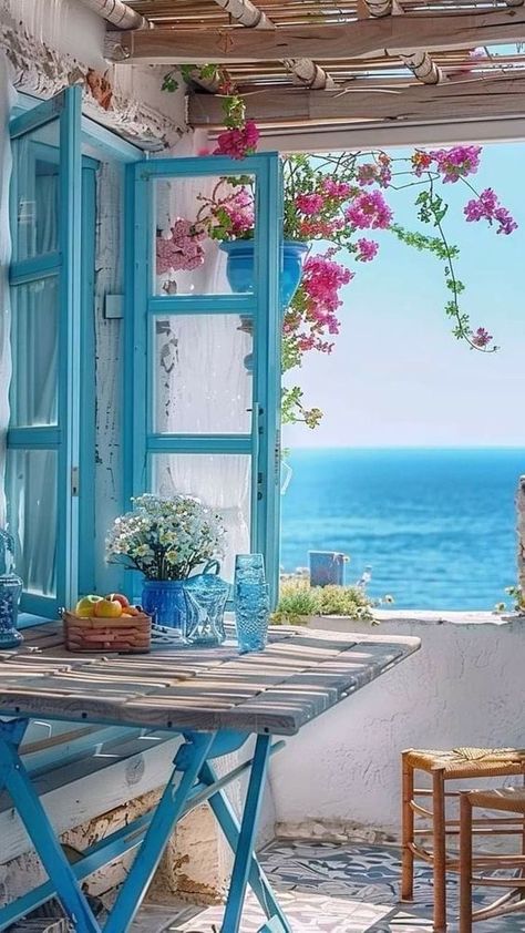 Greece Wallpaper, Portico Design, Rustic Mediterranean, Summer View, Window Opening, Dream Beach Houses, House By The Sea, Relaxing Atmosphere, Mediterranean Homes