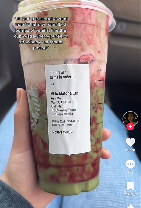 a pink and green strarbucks drink. the order is a venti matcha with oatmilk, 2 pumps of vanilla, line the cup with strawberry purée & strawberry cold foam Matcha With Strawberry Puree, Strawberry Matcha Starbucks Order, Starbucks Recipes Matcha, Strawberry Matcha Latte Starbucks, Strawberry Matcha Starbucks, Oatmilk Drinks, Starbucks Strawberry Drinks, Starbucks Drinks Matcha, Matcha Starbucks Drinks Order