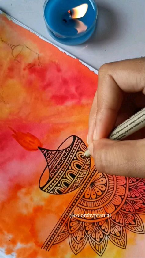 Drawing Ideas For Decoration, Watercolor Mandala Art With Quotes, Diwali Theme Drawing, Rangoli Drawing On Paper Colourful, Cute Mandala Art With Quotes, Diwali Mandala Art Drawing, Diwali Journal Ideas, Painting On A4 Sheet, Mandala Art For Diwali