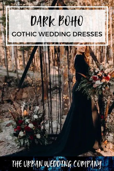 bride in boho lace gothic wedding dress Edgy Romantic Wedding, Dark Boho Wedding Dress, Boho Halloween Wedding, Black And Boho Wedding, Boho Black Wedding Dresses, Gothic Wedding Theme Ideas, Boho Gothic Wedding, Dark Witchy Wedding, Simple October Wedding Ideas