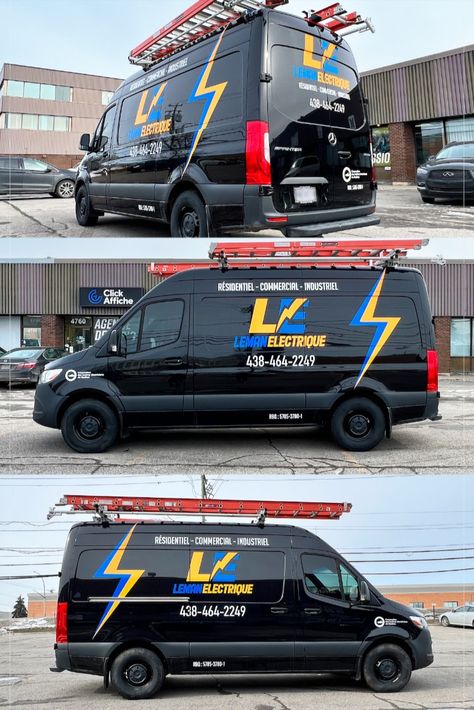 Vehicle lettering on a van 2022 Mercedes-Benz Sprinter Cargo High Roof for the master electrician Leman Électrique. Electrician Van, Master Electrician, Car Branding, Electrical Contractor, Car Lettering, Vehicle Wrap, Van Wrap, Van Ideas, Instagram Dp