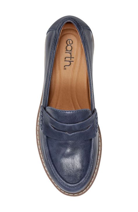 Earth® Javas Penny Loafer in Dark Blue at Nordstrom, Size 9 Winter Loafers For Women, Wide Loafers For Women, Comfy Cute Shoes, Women’s Flat Shoes, Womens Shoes For Fall, Blue Loafers Outfit Women, Penny Loafer Outfits Women, Shoes For Jeans, Penny Loafers For Women Outfits