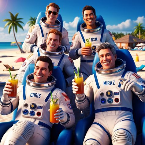 Four male astronauts with different looks relaxing chi 0 Design Ad, Product Design, Design