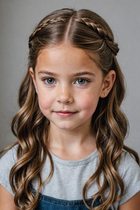 Fifth Grade Hairstyles, Wedding Hairstyles For Little Kids, Girl Hairdos Kids Easy Hair, Formal Hairstyles For Girls Kids, 3 Part Braided Ponytail, Half Up Girls Hairstyles, 1st Grade Hairstyles, Hairstyles For 8 Year Girl, Hair For Kids Girls Easy