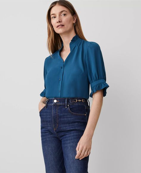 Ruffle Button Top Summer Blouses For Women, Teal Blouse, Knitted Suit, Summer Blouses, Button Top, Petite Tops, Ruffle Collar, Puff Sleeve Top, Petite Fashion