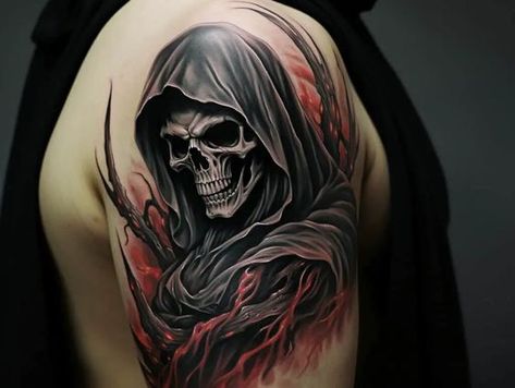 The True Meaning Behind Grim Reaper Tattoos Grim Reaper Tattoo Female, Grim Reaper Tattoo Meaning, Grim Reaper Tattoos For Men, Grim Reaper Back Tattoo, Reaper Back Tattoo, Grim Reaper Sleeve Tattoo, Gream Reaper Tattoo, Grim Reaper Tattoo Stencil, Grim Reaper Tattoo Designs Drawings